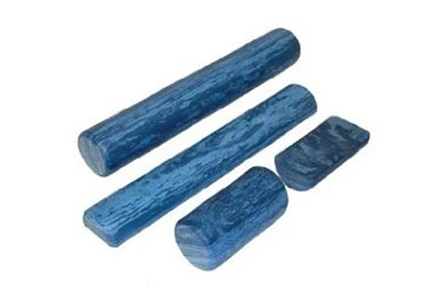 Four blue foam rollers in varying sizes arranged in descending order on white background