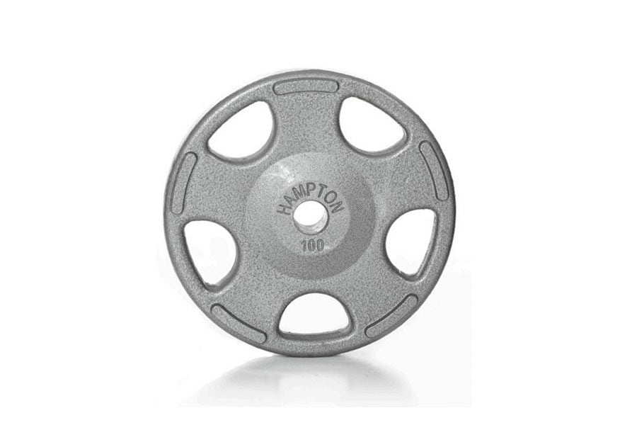 Gray cast iron Olympic weight plate with six oval handles, 100-pound marking, and center hole on white background