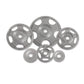 Hampton cast iron Olympic grip weight plates in gray, various sizes with handle cutouts, arranged on white background