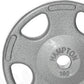 Cast iron Olympic grip weight plate labeled Hampton 100, gray finish with three handles on white background