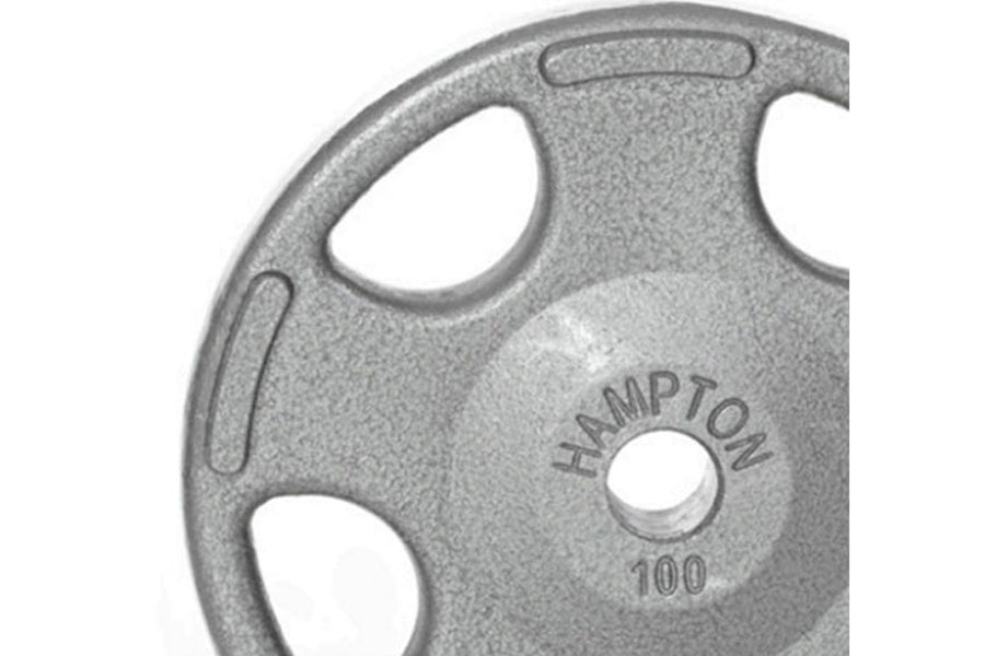 Cast iron Olympic grip weight plate labeled Hampton 100, gray finish with three handles on white background