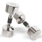 Pair of chrome dumbbells with black contoured grips on white background