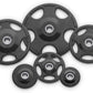 Hampton Olympic grip urethane weight plates in black with chrome center rings, arranged in flat lay on white background