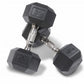 Pair of black hexagonal dumbbells with rubber coating and chrome handles, labeled 35 lbs, on white background
