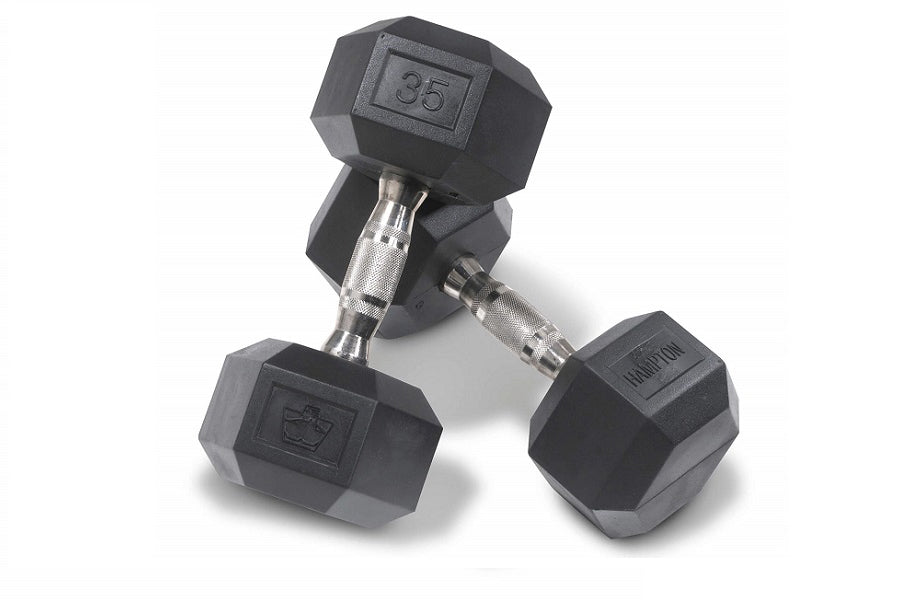 Pair of black hexagonal dumbbells with rubber coating and chrome handles, labeled 35 lbs, on white background
