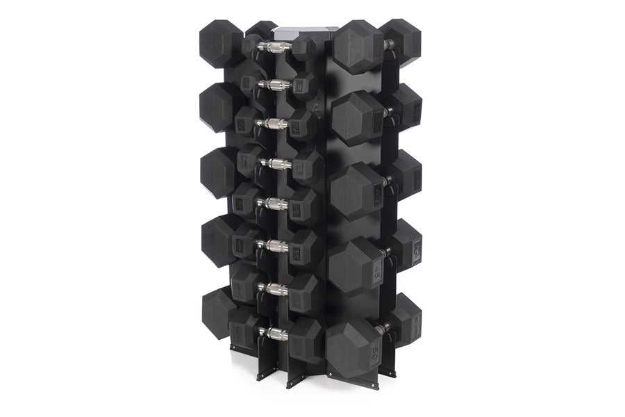 Black hexagonal dumbbell set with chrome handles on rotating stand, flat lay on white background