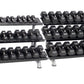 Three-tier dumbbell rack with grey metal frame holding black hexagonal dumbbells in ascending weight sizes, displayed on whit