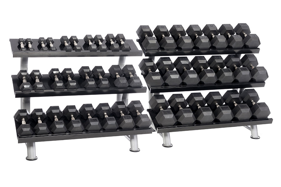 Three-tier dumbbell rack with grey metal frame holding black hexagonal dumbbells in ascending weight sizes, displayed on whit
