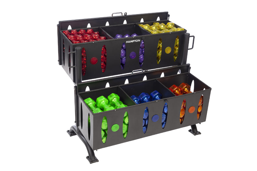 Hampton two-tier black dumbbell rack holding red, purple, yellow, green, blue, and orange urethane dumbbells on white backgro