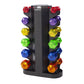 Hampton Jelly-Bell dumbbell set with rotating black tower displaying 12 color-coded urethane dumbbells in red, purple, yellow