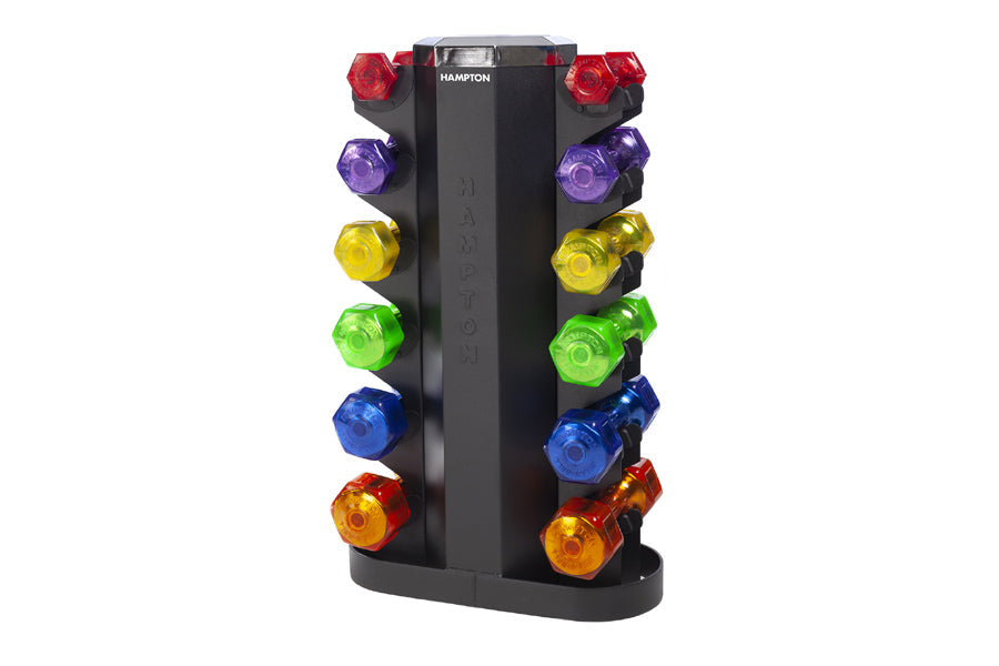 Hampton Jelly-Bell dumbbell set with rotating black tower displaying 12 color-coded urethane dumbbells in red, purple, yellow