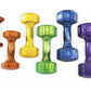 Set of six colorful translucent urethane dumbbells in red, orange, yellow, green, blue, and purple on white background