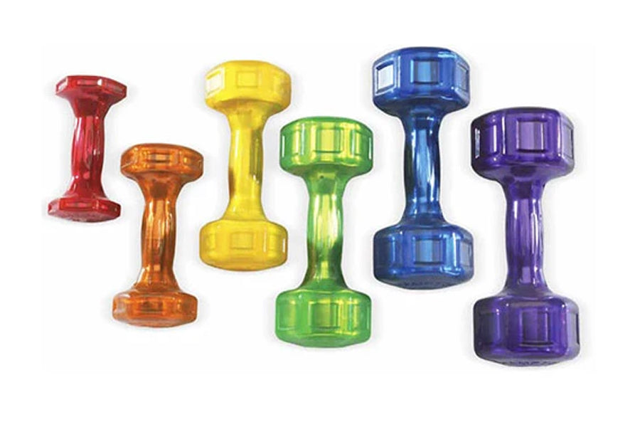 Set of six colorful translucent urethane dumbbells in red, orange, yellow, green, blue, and purple on white background
