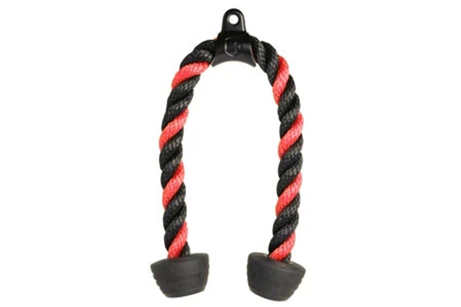 Warrior 26" tricep rope with black and red twisted nylon cord and black rubber handles on white background