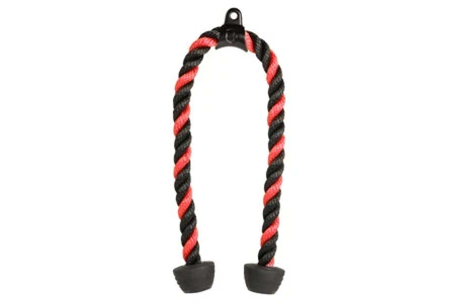 Warrior 36" tricep rope with red and black twisted nylon cord, black plastic handles on white background