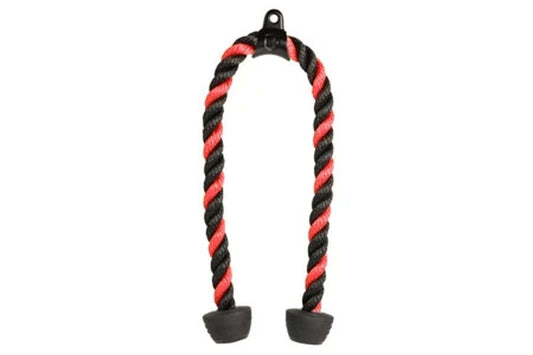 Warrior 36" tricep rope with red and black twisted nylon cord, black plastic handles on white background