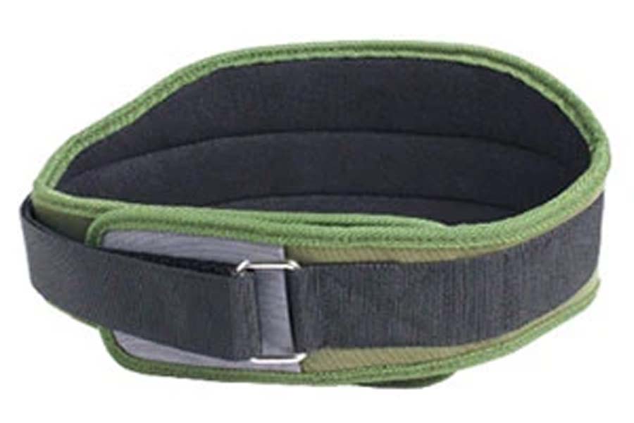 Warrior 6-inch foam core weightlifting belt with green trim, black center panel, and metal buckle clasp on white background