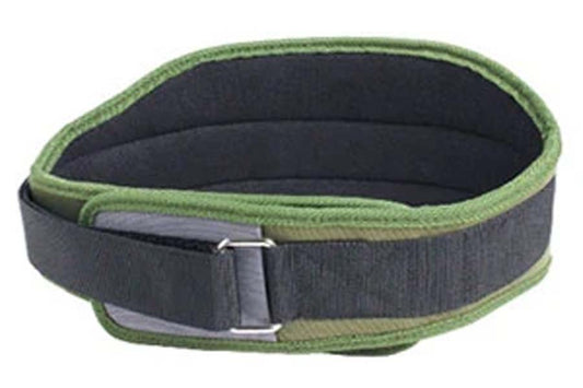 Warrior 6-inch foam core weightlifting belt with green trim, black center panel, and metal buckle clasp on white background