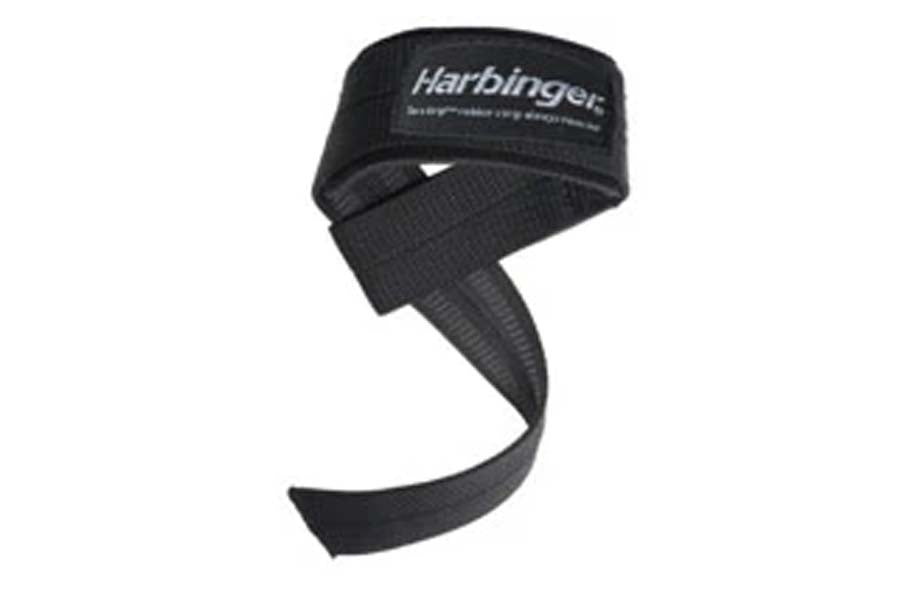 Black Harbinger padded lifting straps with wrist support cuff and extended grip extensions on white background