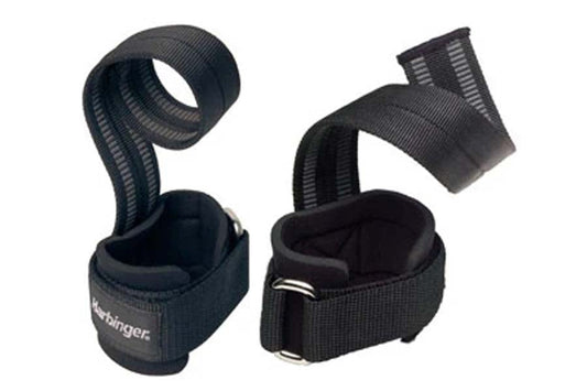 Black neoprene weightlifting straps with padded wrist cuffs and adjustable nylon webbing, shown from two angles on white back