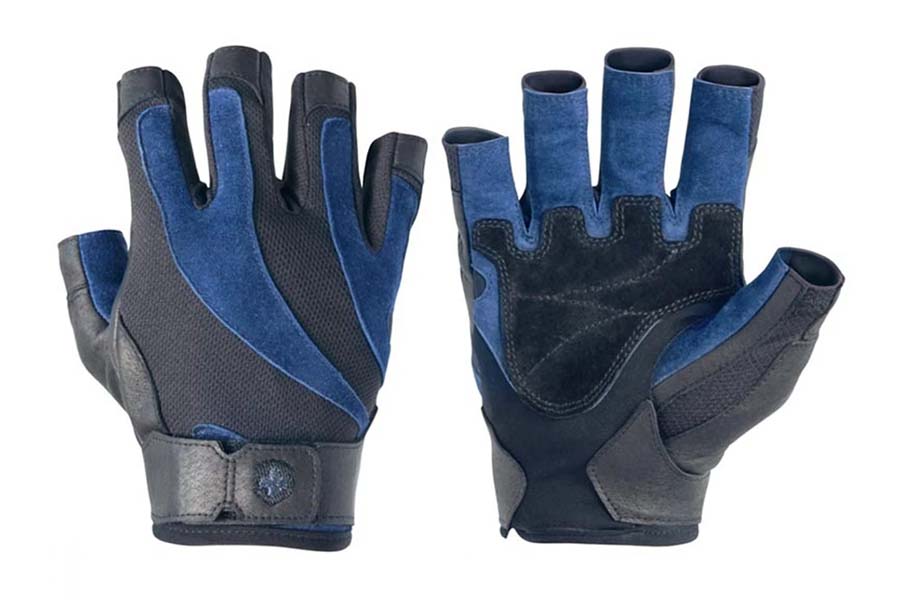 Warrior Bioflex leather weightlifting gloves in blue and black, shown front and back view on white background