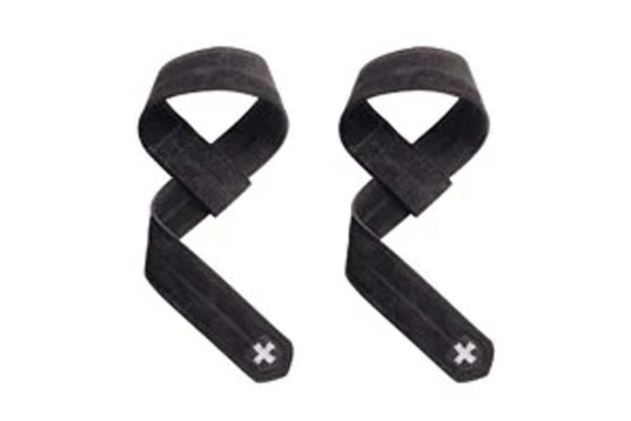 Black cotton lifting grips with cross logo, pair displayed on white background