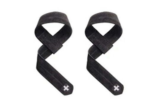 Black cotton lifting grips with cross logo, pair displayed on white background
