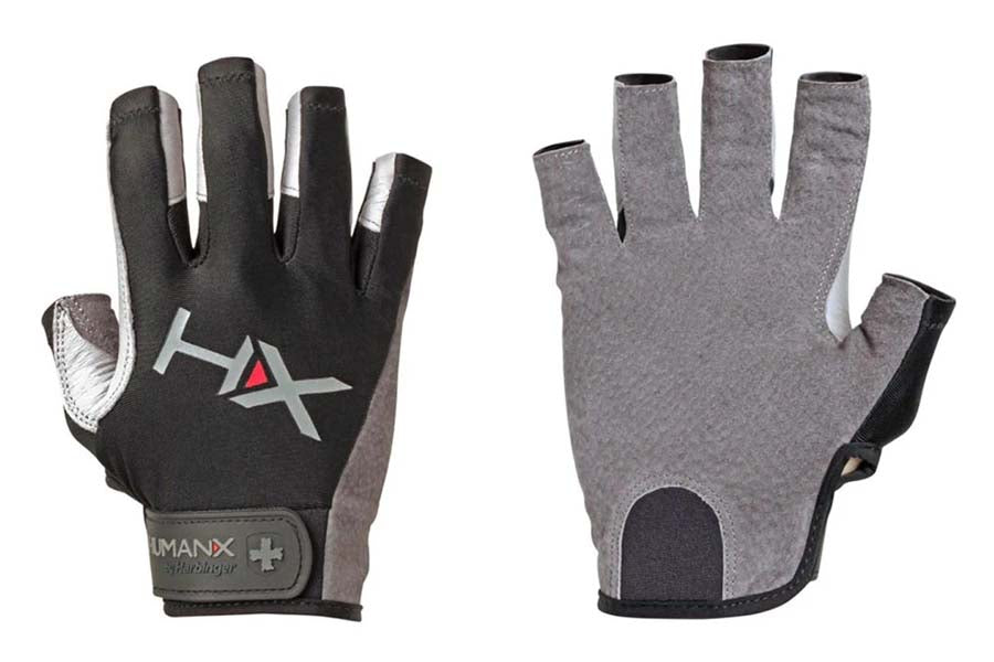 Black and gray fingerless weightlifting gloves with white palm padding and logo, shown front and back views on white backgrou