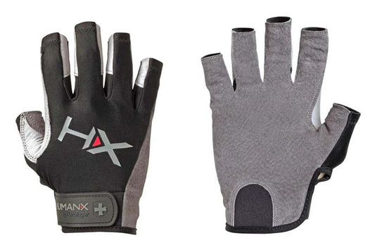 Black and gray fingerless weightlifting gloves with white palm padding and logo, shown front and back views on white backgrou
