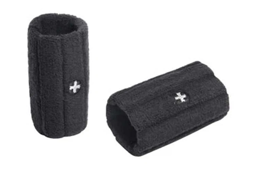 Black knit arm guards with white plus logo, shown in upright and angled views on white background