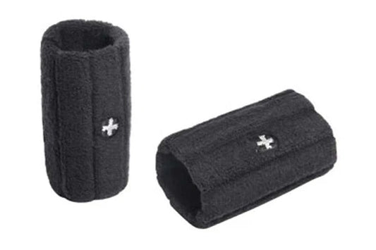 Black knit arm guards with white plus logo, shown in upright and angled views on white background