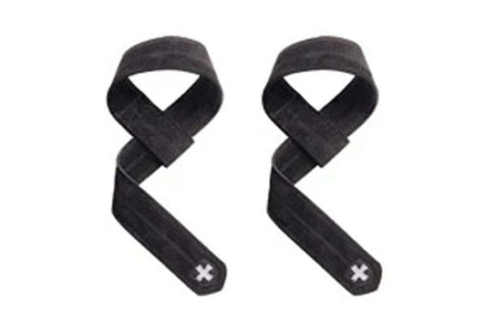 Pair of black leather lifting straps with crossed design and white logo on tail, flat lay on white background
