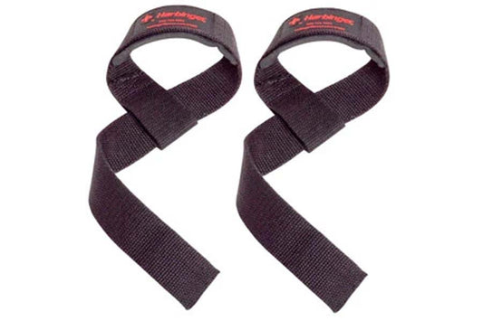 Pair of black padded cotton lifting straps with red branded labels, laid flat on white background