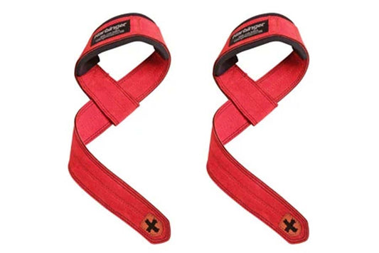 Pair of red padded lifting straps with black labels and X logo on ends, flat lay on white background