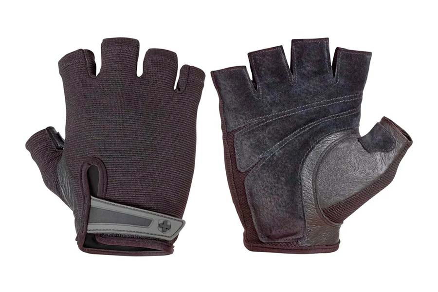 Pair of dark burgundy and gray fingerless weightlifting gloves with padded palms, shown front and back view on white backgrou
