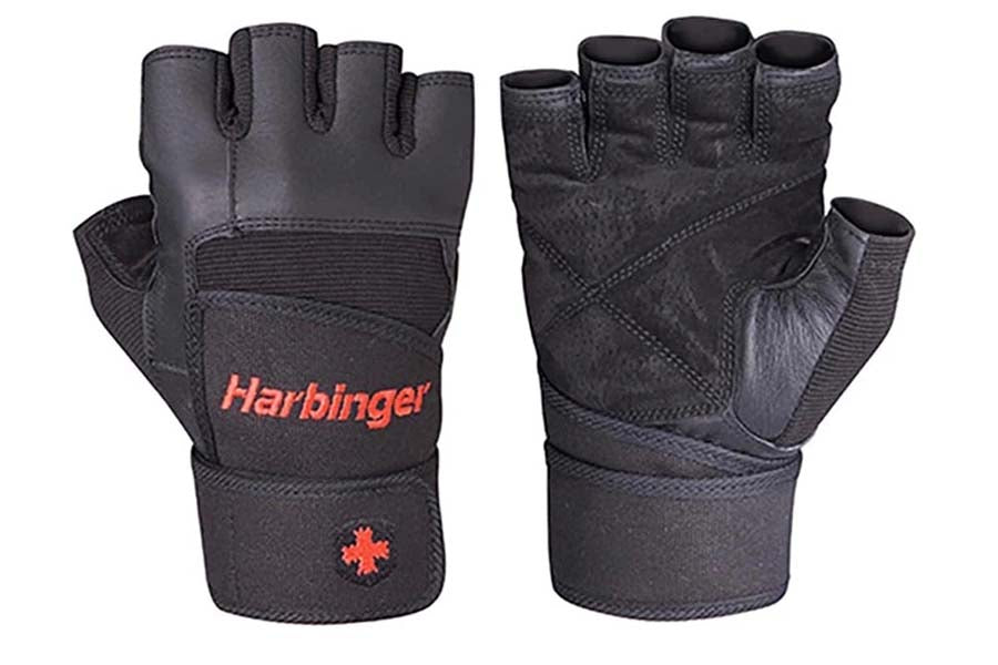 Black leather fingerless weightlifting gloves with wrist support, red Harbinger branding and logo, front and back view on whi