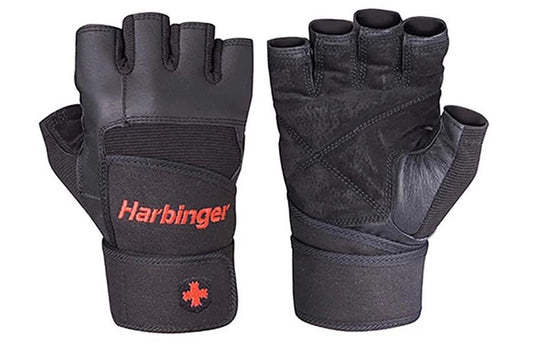 Black leather fingerless weightlifting gloves with wrist support, red Harbinger branding and logo, front and back view on whi