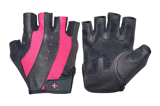 Black and hot pink leather fingerless weightlifting gloves with padded palms, front and back view