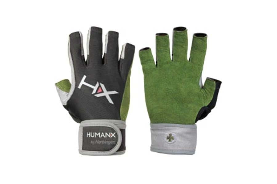 Warrior Competition ¾ finger weightlifting gloves in black and green with gray wriststrap, front and back view