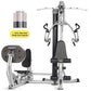 Hoist Mi1 home gym with leg press and chest fly stations, silver and black frame, includes 1-50 lb weight stack upgrade shown