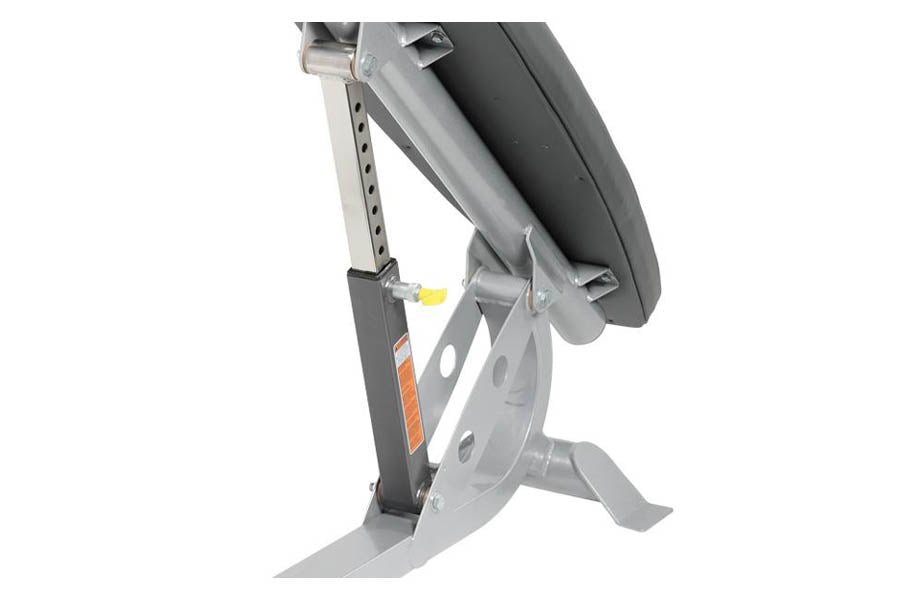 Hoist Adjustable Ab Bench with gray upholstered backrest, metal frame and adjustable height mechanism on white background