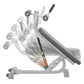 Hoist Adjustable Ab Bench with gray metal frame, adjustable backrest, and multiple dumbbell weight positions shown in motion 