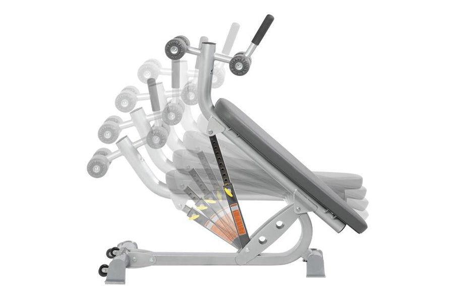 Hoist Adjustable Ab Bench with gray metal frame, adjustable backrest, and multiple dumbbell weight positions shown in motion 