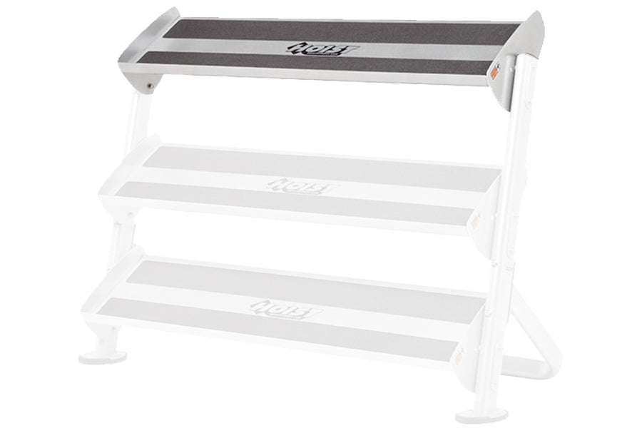 White dumbbell rack 3rd-tier option with gray textured top and white legs, expandable accessory for 60-inch rack