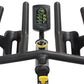 Black stationary exercise bike with dual handles, digital console displaying metrics, and yellow accent details on white back