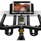 Black stationary bike with curved handlebars, digital console display, and tablet holder mounted on top showing scenic landsc
