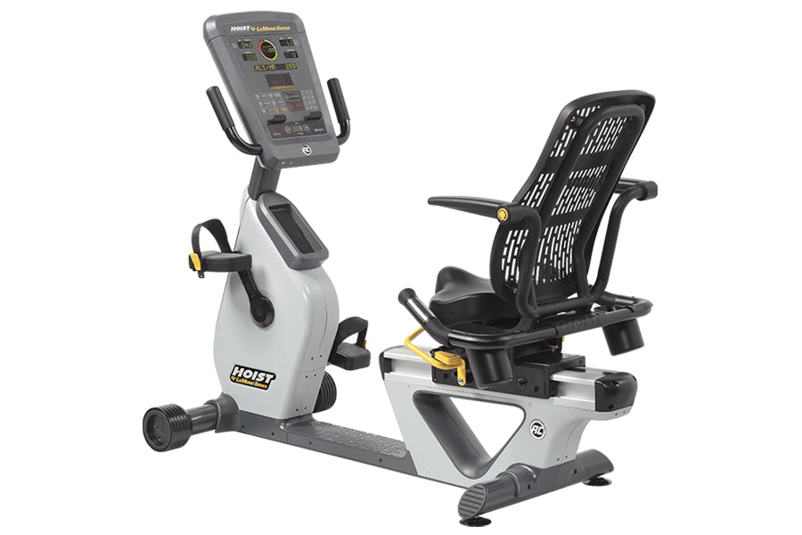 Hoist Lemond Series RC recumbent exercise bike with white and black frame, digital display console, and perforated mesh backr