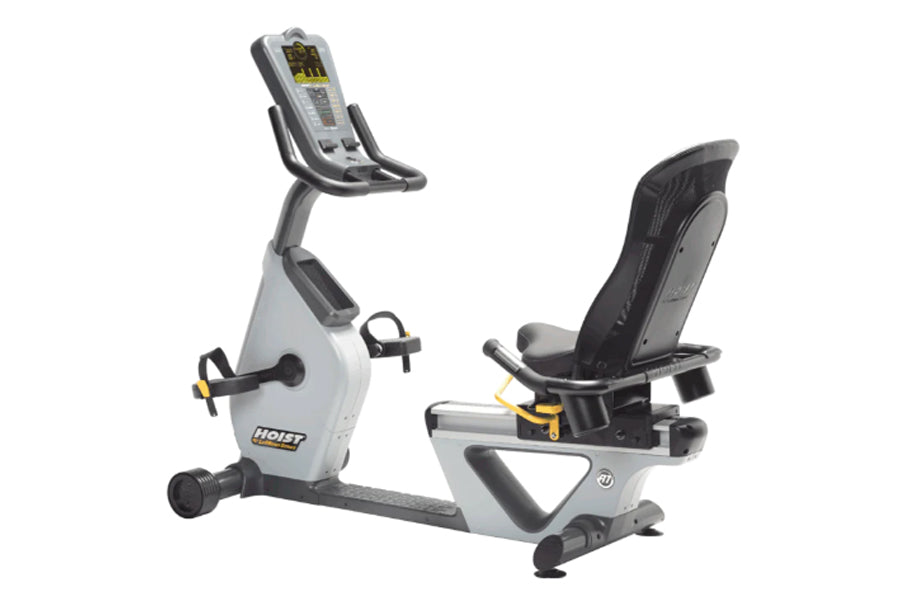 Hoist Lemond RT recumbent exercise bike with white and gray frame, digital display console, black seat, and foot pedals on wh