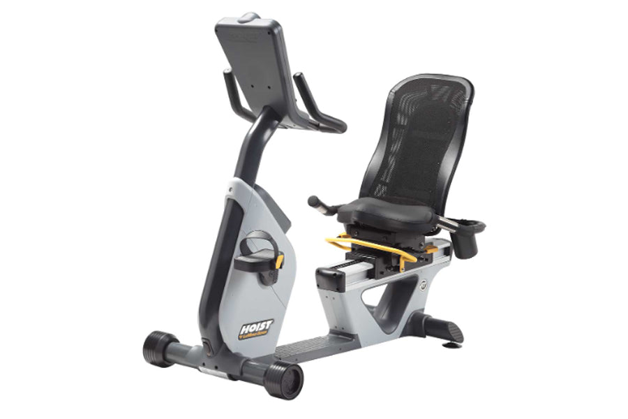 Hoist Lemond RT recumbent exercise bike with white and gray frame, black mesh seat, and digital display on white background
