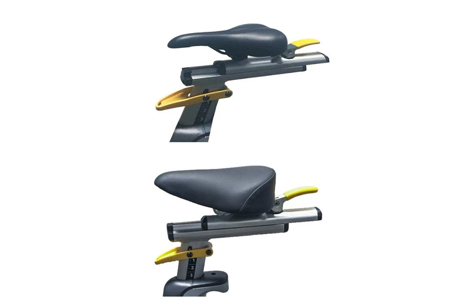 Hoist Lemond Series UT upright exercise bike with black seat and frame, gold accents, shown from two angles on white backgrou